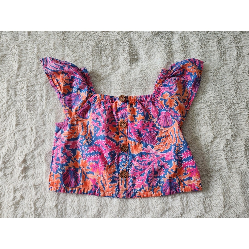 Tommy Bahama‎ Girls Size 6 Coral Seashell Print Crop Top Flutter Sleeve Button